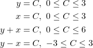  \begin{align*} 	y &= C , \   0 \leq C \leq 3 \\ 	x &= C , \  0 \leq C \leq 3 \\ 	y+x &= C , \   0 \leq C \leq 6 \\ 	y-x &=C , \   -3 \leq C \leq 3 \end{align*} 